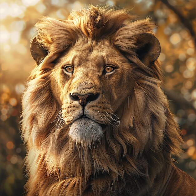 3D-foto van een leeuw met een natuurlijke achtergrond