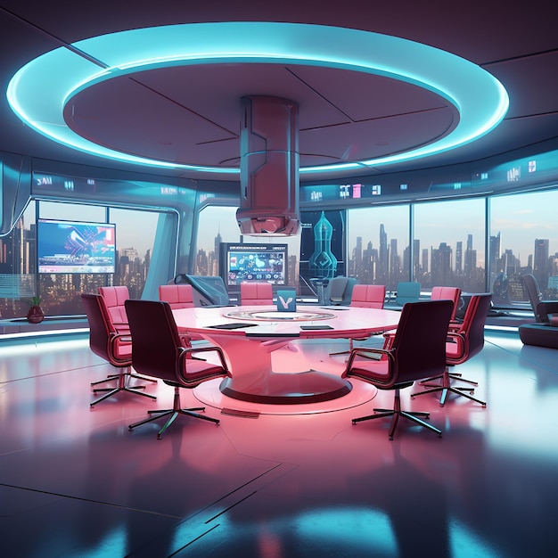 3D-foto van een moderne vergaderzaal met tafel en stoelen gemaakt met generatieve AI
