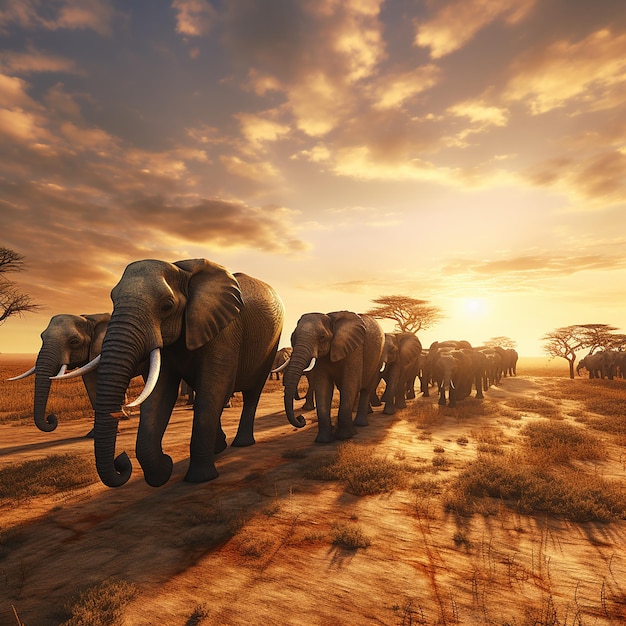 3D-foto van een olifantenherd tegen de zonsondergang