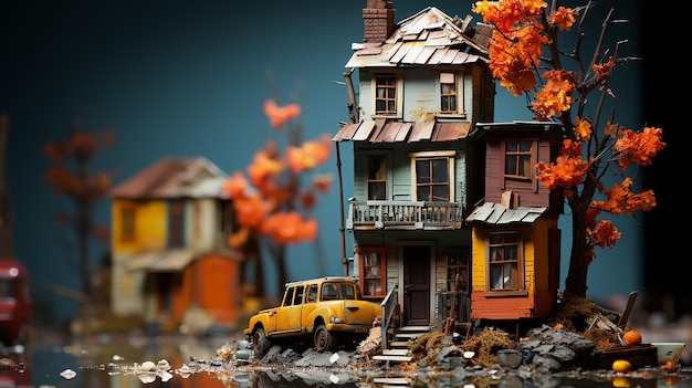 3D-foto van een oude hut en een herfstkunstontwerp