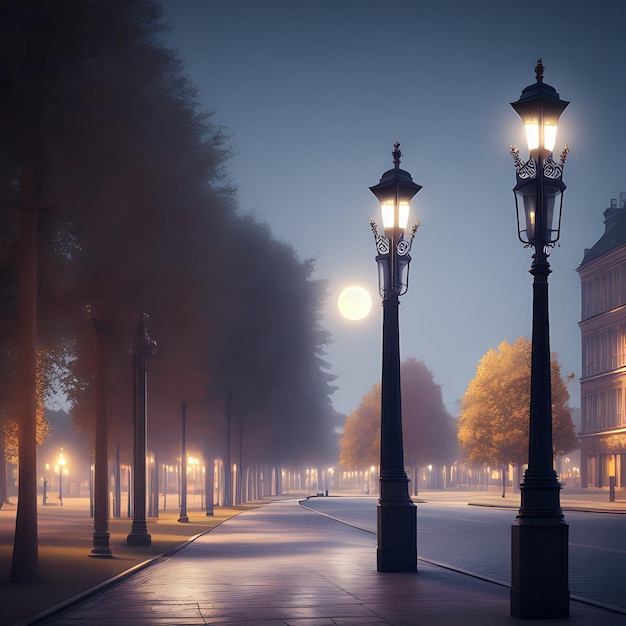 3D fotorealistische lantaarnpalen 's nachts in het park met volle maan illustratie