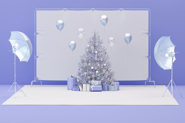 3D-fotostudio met pijnboom. Cadeau en ballonnen op zilveren, paarse blanco achtergrond.