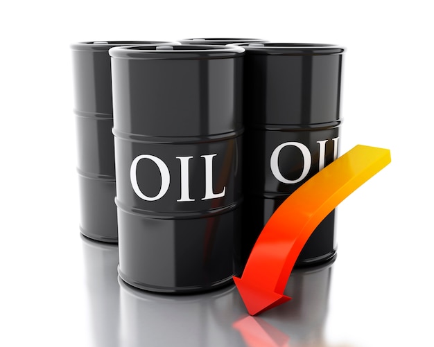 3d Four barrels of oil with an arrow pointing down.