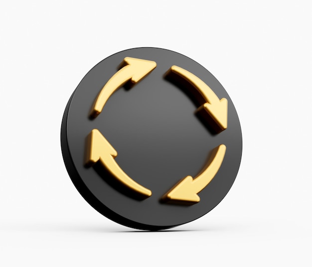 Фото 3d четыре золотых стрелы перерабатывают символ с закругленной черной иконой на белом фоне 3d иллюстрация