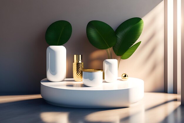 3D Four modern minimal round cylinder white podium on glossy counter table in dappled sunlight and