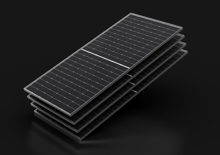 Photo 3d four photovoltaic solar panels isolated on black background 3d illustration