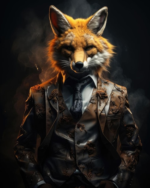 3D fox with a human body looking serious wearing a suit with a dramatic studio background