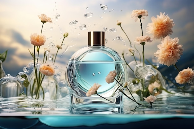 3d fragrance reed diffuser ad template Glass bottle mockup flying in the mid air