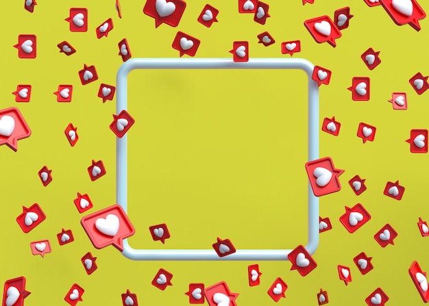 Photo 3d frame with floating heart love on yellow background