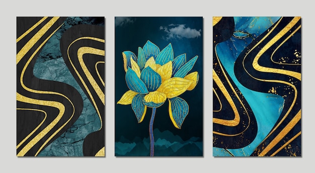 3D-frames voor aan de muur. gouden en turquoise bloemen met wolken donkere achtergrond hars geode abstract