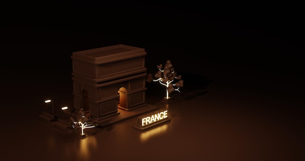 3d Frankrijk stad als achtergrond met het bouwen van boomruimte en arc de triomphe als oriëntatiepunt in neonlicht