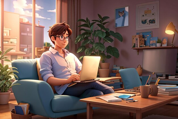 3d freelancer man or a programmer sit on couch working from home casual happy life balance idea