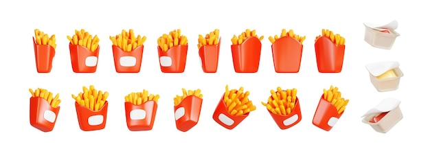 3d french fries in red paper box rotation render Realistic isolated fast food potato snack with ketchup and cheese sauce in plastic packs animation with sequence rotating element set