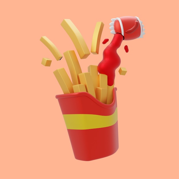 칠리 소스 만화 아이콘 일러스트와 함께 3D 감자 튀김. 3D 음식 개체 아이콘 개념 절연 프리미엄 디자인입니다. 플랫 만화 스타일