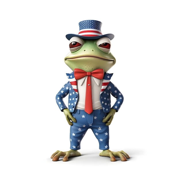 3Dカエルのマスコットは、7月4日のアメリカ独立記念日のアンクルサムの衣装を着用します