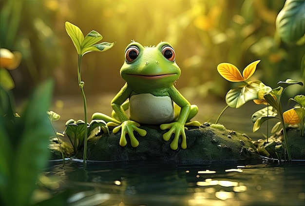 3d frog sitting on the leaf in the pond in the style of raphael lacoste