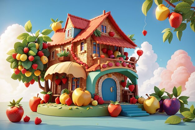 3d fruit cartoon beautiful house abstract background