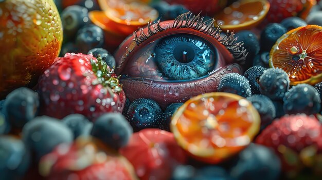 Foto modello di frutta 3d con sfondo astratto di grandi occhi