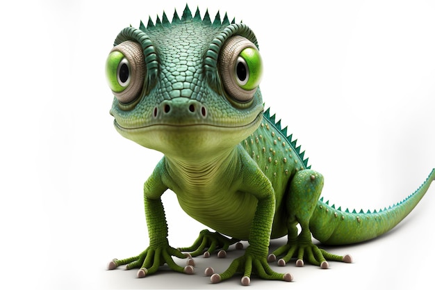 3d full body Chameleon in cartoon style full studio center in small white background