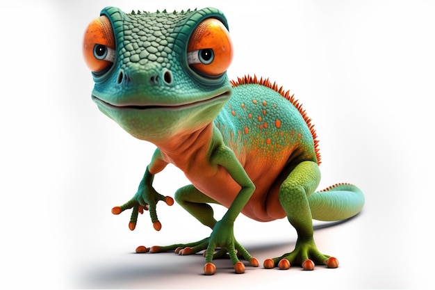 3D full body Chameleon in cartoon stijl full studio center in kleine witte achtergrond