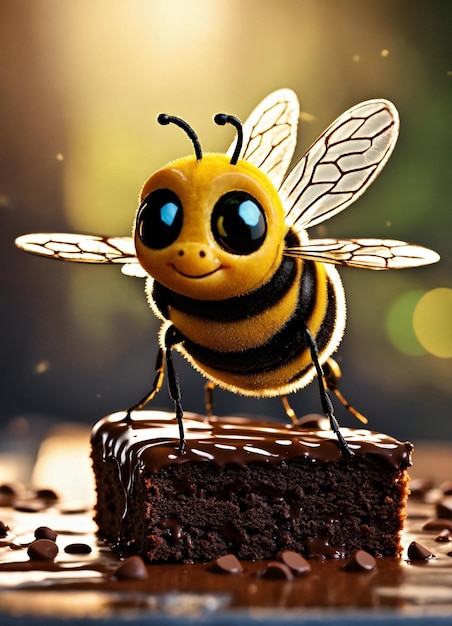 a 3D full body pixar bee flying up a beautiful brownie of chocolate the lighting must highlight the