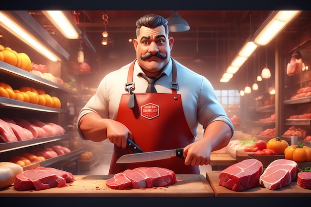 Photo 3d fun character cartoon butcher high quality background