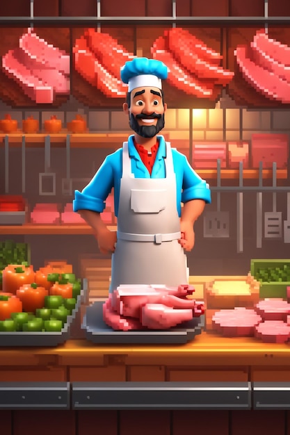 3D楽しいキャラクター漫画の肉屋の高品質の背景