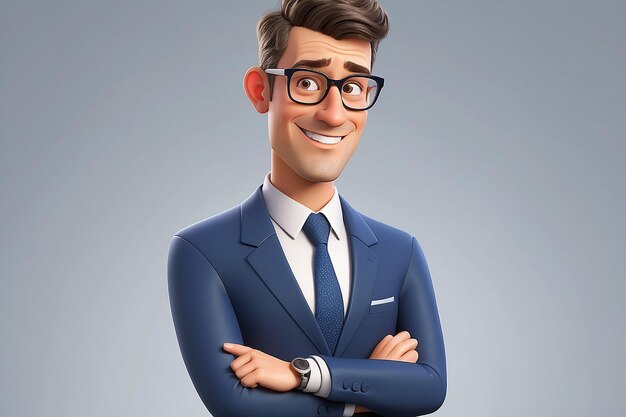 3d funny character cartoon sympathetic looking business man dear person in suit with glasses and tie