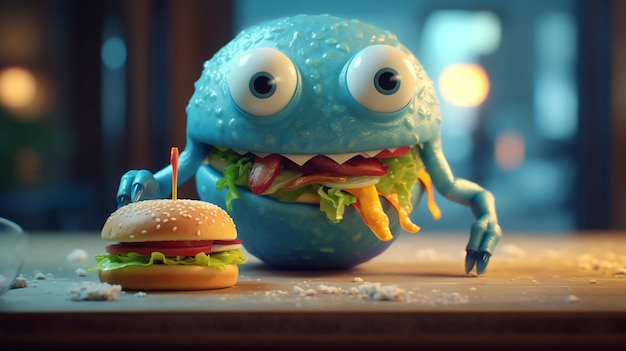 3D 変な生き物がハンバーガーを食べる