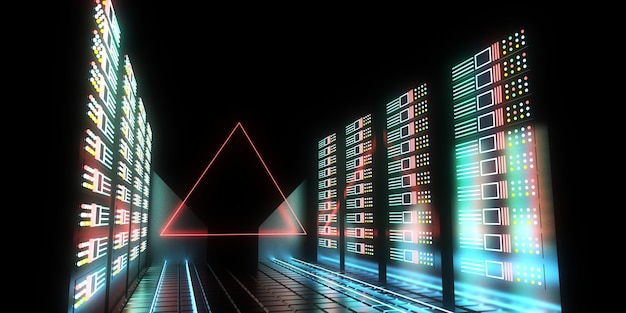 Concetto futuro di datacenter 3d con luci al neon. illustrazione 3d