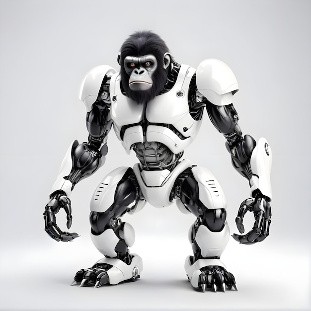 3D FUTURISTIC APE SIMPANSE MONKEY PRIMATES HUMANOID SMART ROBOT SCIFI BLACK AND WHITE COLOR