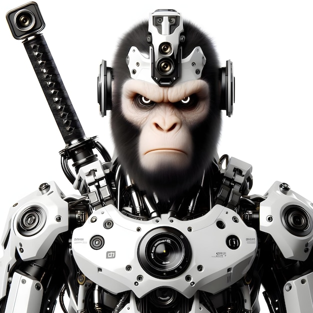 3D FUTURISTIC APE SIMPANSE MONKEY PRIMATES NINJA KATANA HUMANOID SMART ROBOT SCIFI BLACK AND WHITE