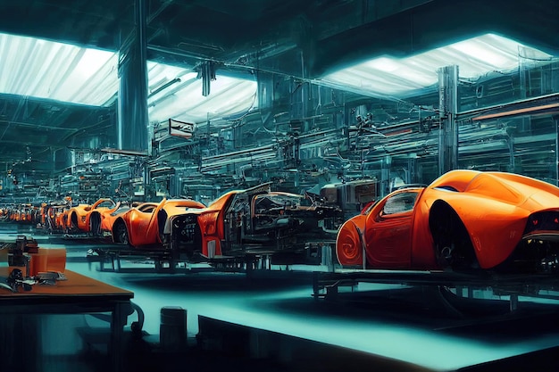 3d futuristic automobile assembly line in a factory from the future Transportation of the future