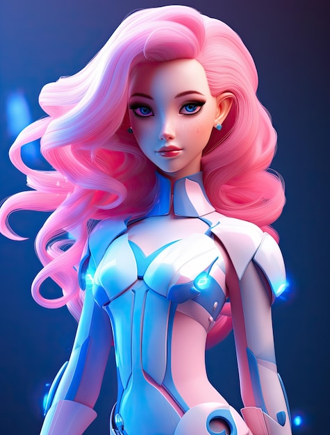 3d futuristic barbie in pink jacket and jeans colorful cartoon