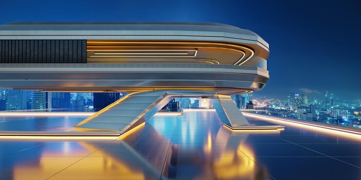 Photo 3d futuristic building overlooking illuminated cityscape at night
