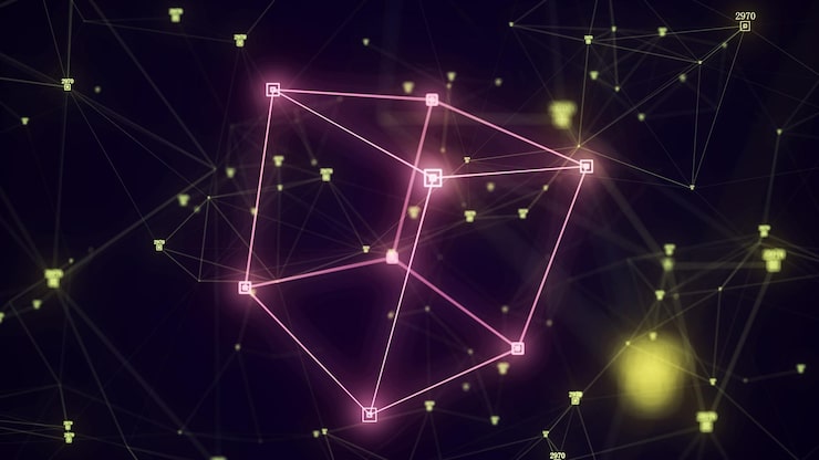 Photo 3d futuristic geometric cube with dots and lines abstract wireframe blockchain science background structure technology network connection ai in dark cyberspace background 3d rendering