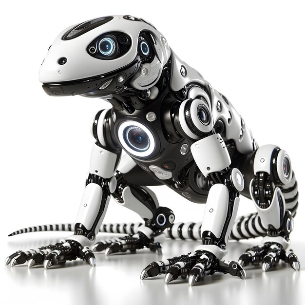 3D FUTURISTIC LIZARD REPTILE ROBOT SCIFI BLACK AND WHITE COLOR WITH A CAMERA ON SEVERAL SIDES