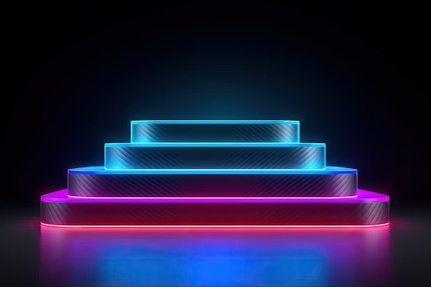 3d Futuristic neon light round product stage podium with black background mockup