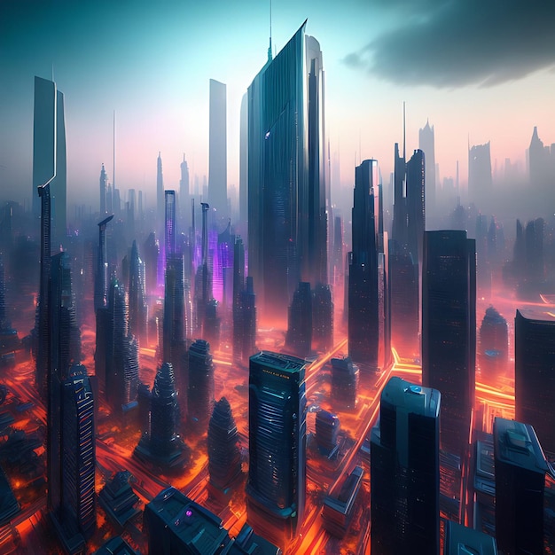 사진 3d 미래의 neonlit 고층 빌딩 초현실적 일러스트레이션