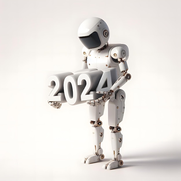 3d futuristic robot with Happy New Year 2024 on a white background digital artificial technology