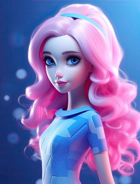 3D futuristische Barbie in roze jasje en spijkerbroek kleurrijke cartoon