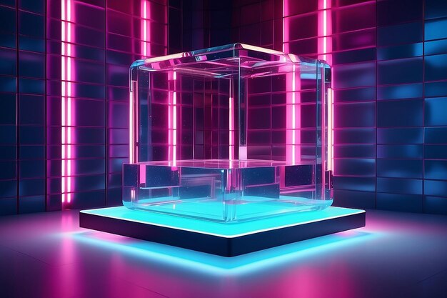 3d futuristische en luxe product display achtergrond Glas kubus podium met geometrisch neon licht decor