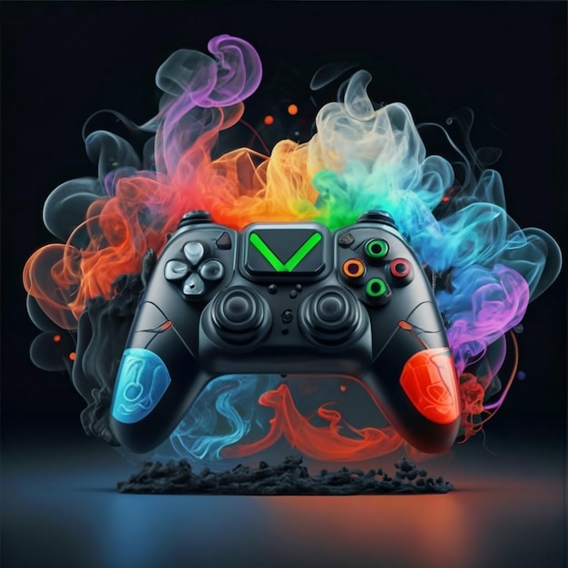 3d gaming control in black wirh background with red and blue and green smoke