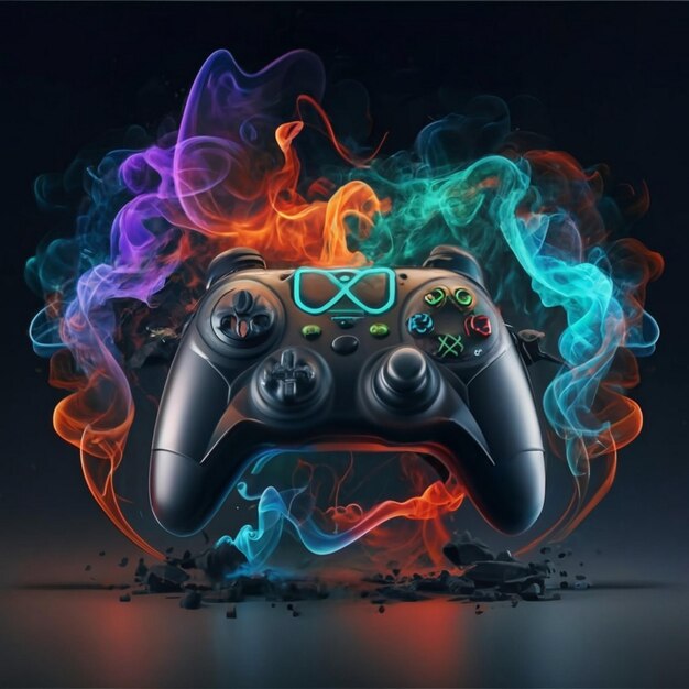 3Dゲームコントロール 黒い背景で赤と青と緑の煙