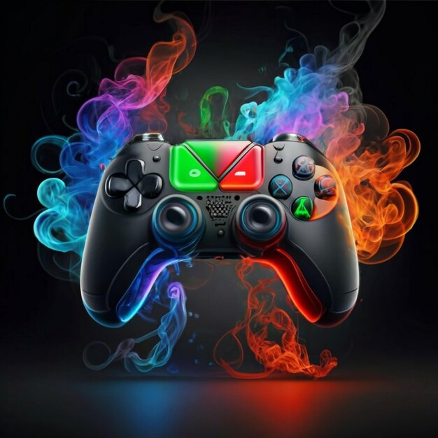 3d gaming control in black wirh background with red and blue and green smoke