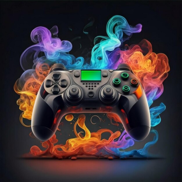 3d gaming control in black wirh background with red and blue and green smoke