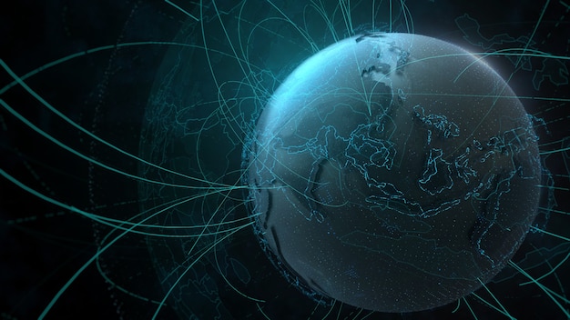 3D gedetailleerde render van Earth globe. Technologie thema. Complexe bolvorm met bogen die van het ene punt van de planeet naar het andere gaan. Internet en informatie achtergrond.
