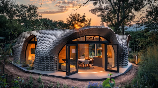 3D-gedrukt milieuvriendelijk huis in een natuurlijke omgeving bij zonsondergang
