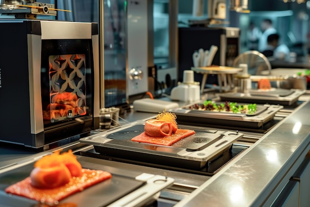 3D-gedrukte voedingsmiddelen Beef steak on plate technologie in professionele keuken in restaurant 3D-printer