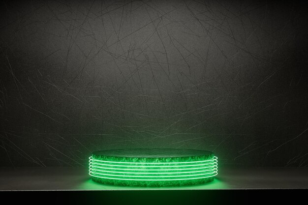 3d geef achtergrondpodium en neon groen lichtcirkel terug